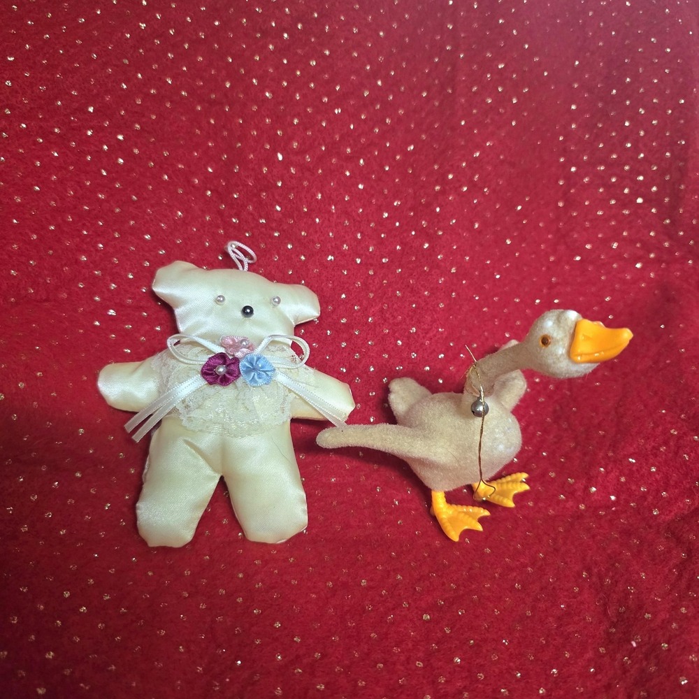 Lot 2 Vtg MCM Christmas Tree Ornaments Teddy Bear Satin‎ Lace Flocked Goose Bell